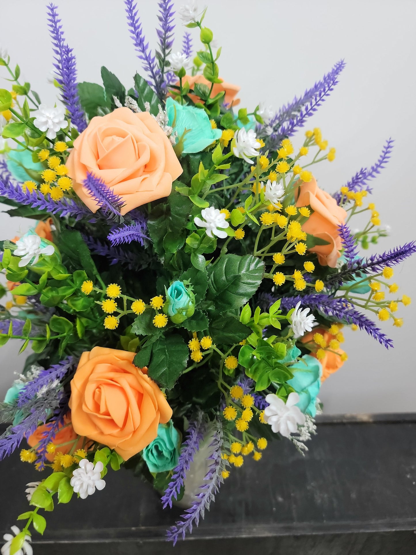 Peach and mint green Vase Flowers for Cemetery,  cone flowers for urn, Cemetery Flowers Vase,  fall Cemetery Vase