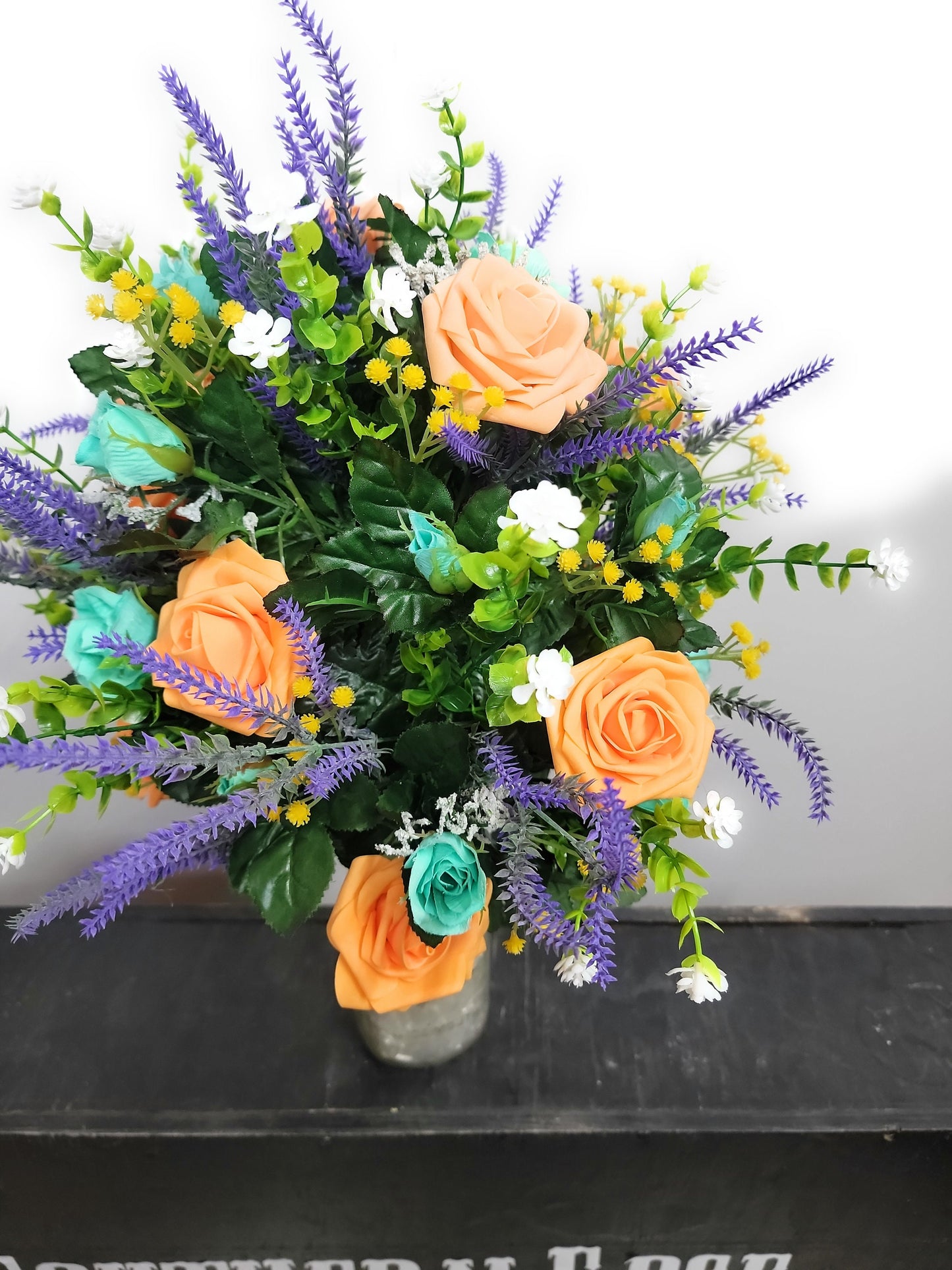 Peach and mint green Vase Flowers for Cemetery,  cone flowers for urn, Cemetery Flowers Vase,  fall Cemetery Vase