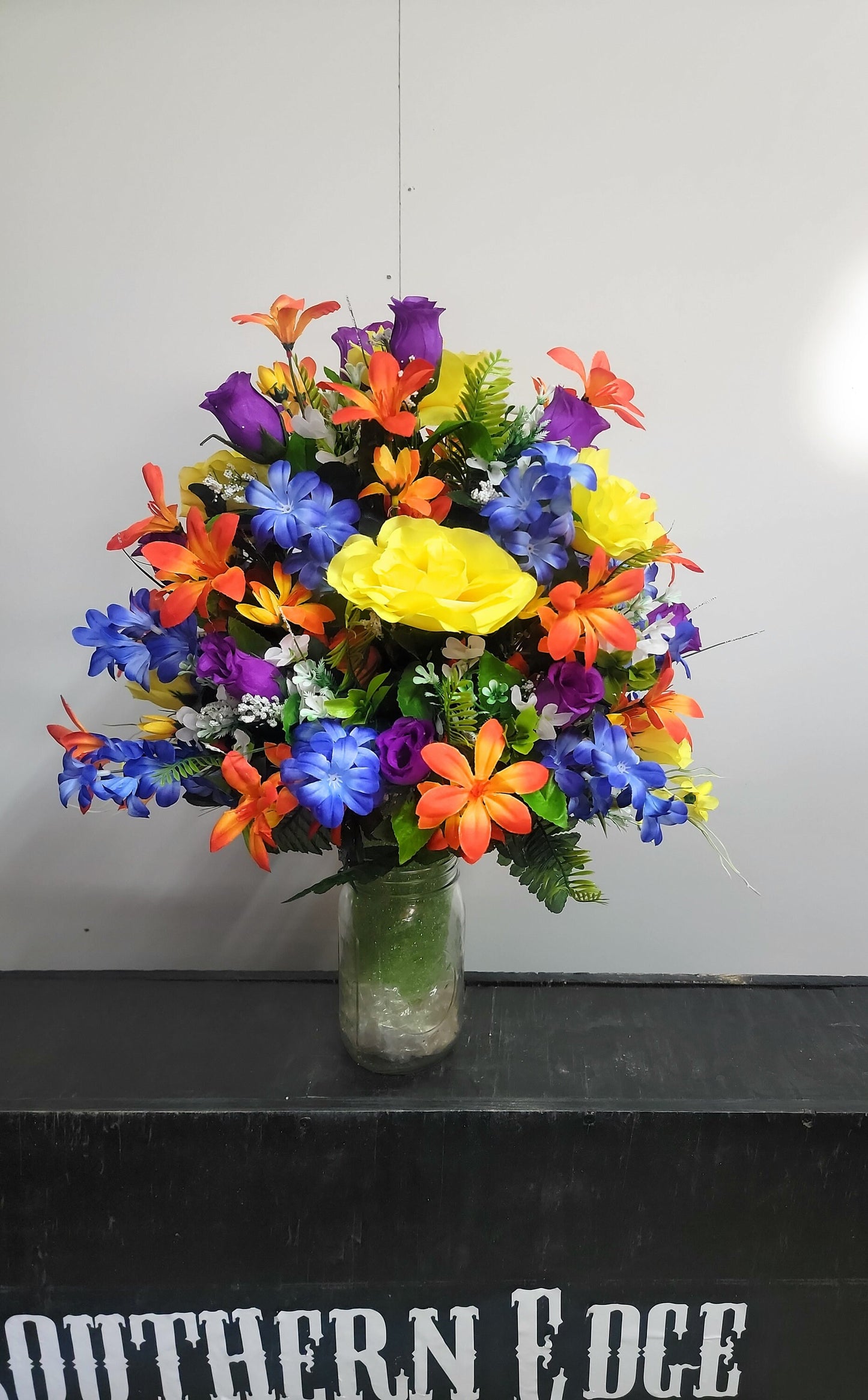 Sunburst Cemetery Flowers Cone for 3-inch Grave Vase extra full blue yellow orange purple Cemetery Vase Flower Spring Cemetery Flowers