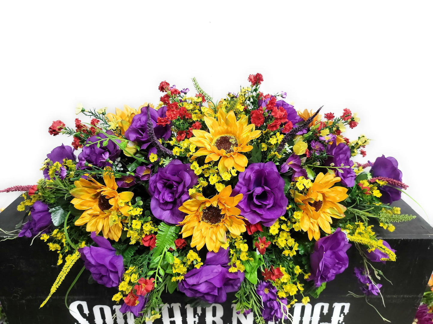 31" Cemetery flowers Saddle Sunflower purple roses Wildflower mixed Garden Headstone Flowers Large Headstone Saddle Memorial Flowers Grave