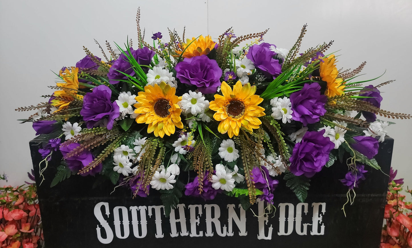 Large 36" Length Gravestone Saddle for Spring Cemetery Flowers Mother's Day Flowers Sunflowers Daisy Purple Memorial Flower Headstone Saddll