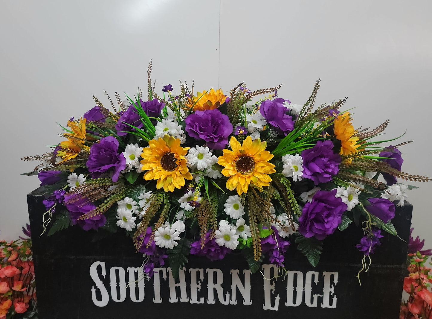 Large 36" Length Gravestone Saddle for Spring Cemetery Flowers Mother's Day Flowers Sunflowers Daisy Purple Memorial Flower Headstone Saddll