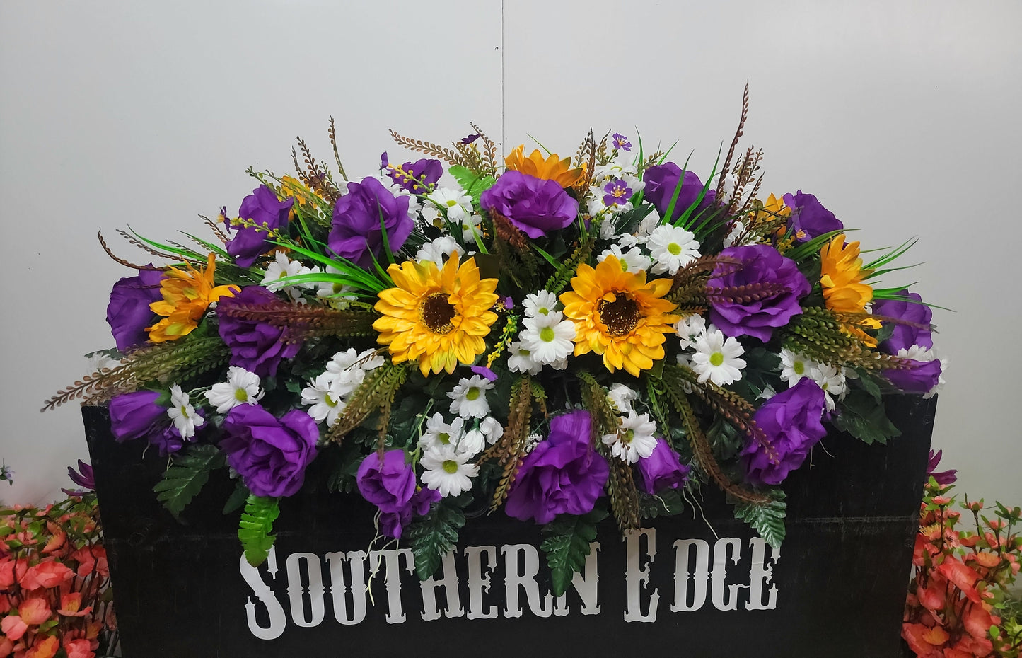 Large 36" Length Gravestone Saddle for Spring Cemetery Flowers Mother's Day Flowers Sunflowers Daisy Purple Memorial Flower Headstone Saddll