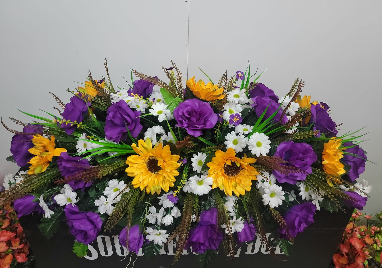 Large 36" Length Gravestone Saddle for Spring Cemetery Flowers Mother's Day Flowers Sunflowers Daisy Purple Memorial Flower Headstone Saddll