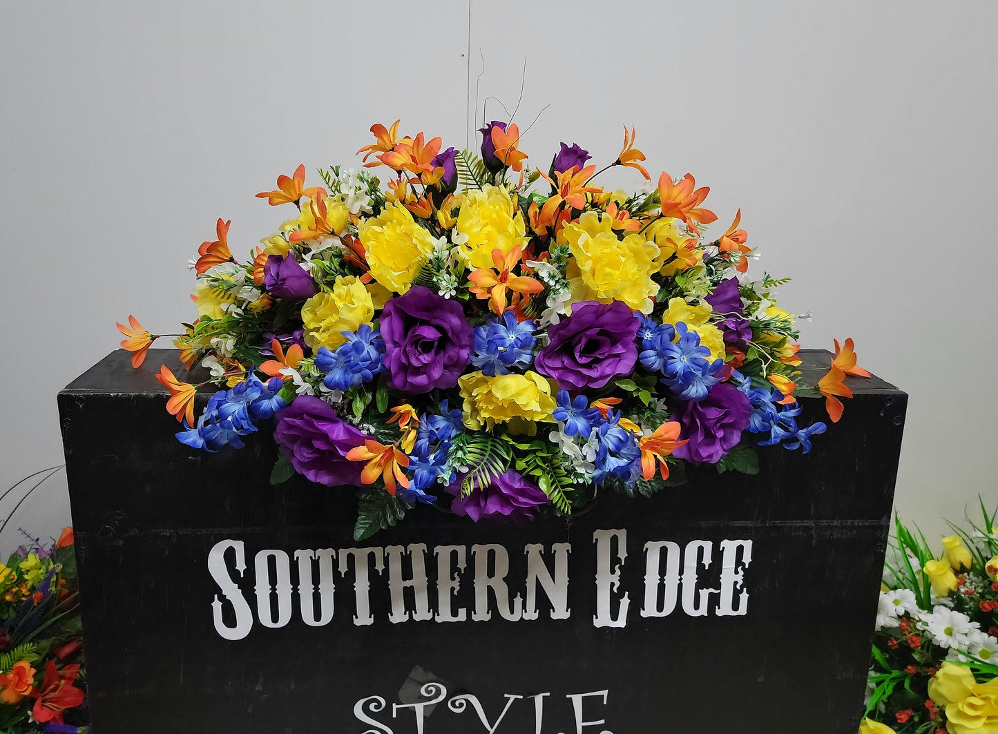 30" Sunburst Colors Spring Cemetery Flowers Saddle Grave Saddle Headstone Flowers Easter Memorial Flowers Blue orange purple