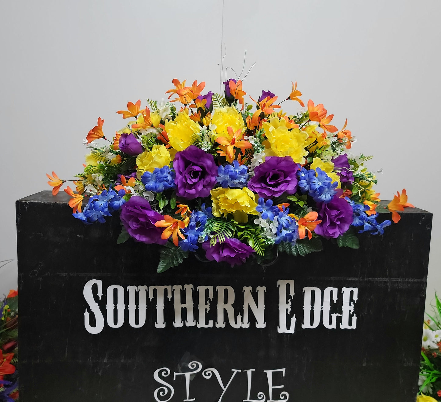 30" Sunburst Colors Spring Cemetery Flowers Saddle Grave Saddle Headstone Flowers Easter Memorial Flowers Blue orange purple