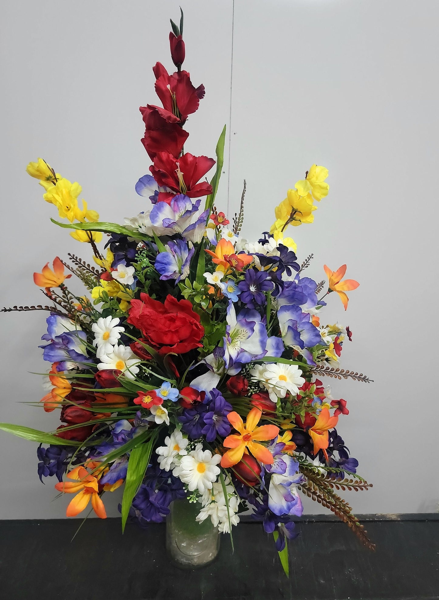 27"Large wildflower spring Cemetery Vase Flowers red mini tulips Cemetery vase flowers Memorial Vase Flowers Grave Vase Flowers