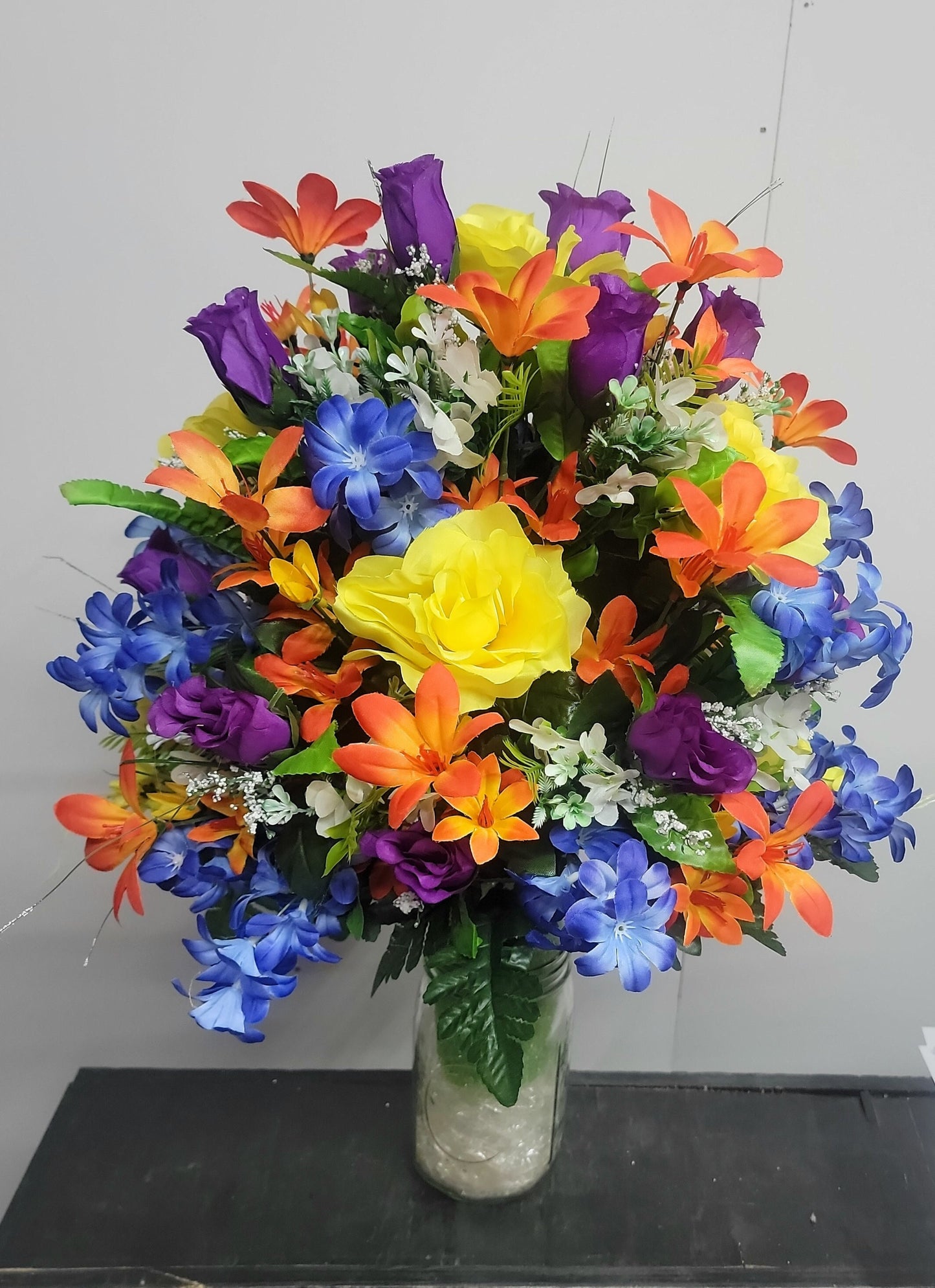Sunburst Cemetery Flowers Cone for 3-inch Grave Vase extra full blue yellow orange purple Cemetery Vase Flower Spring Cemetery Flowers