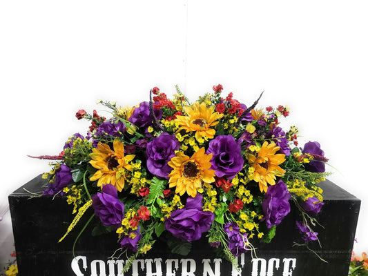 31" Cemetery flowers Saddle Sunflower purple roses Wildflower mixed Garden Headstone Flowers Large Headstone Saddle Memorial Flowers Grave