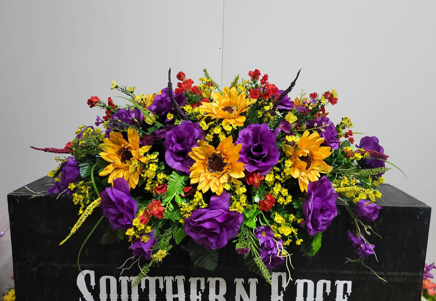 31" Cemetery flowers Saddle Sunflower purple roses Wildflower mixed Garden Headstone Flowers Large Headstone Saddle Memorial Flowers Grave