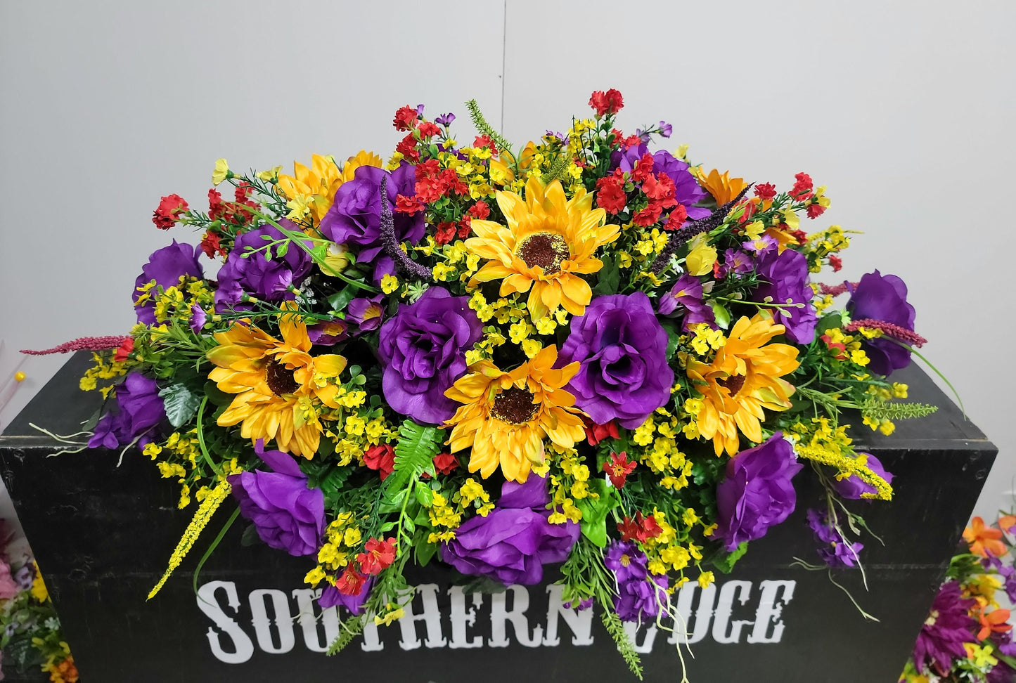 31" Cemetery flowers Saddle Sunflower purple roses Wildflower mixed Garden Headstone Flowers Large Headstone Saddle Memorial Flowers Grave