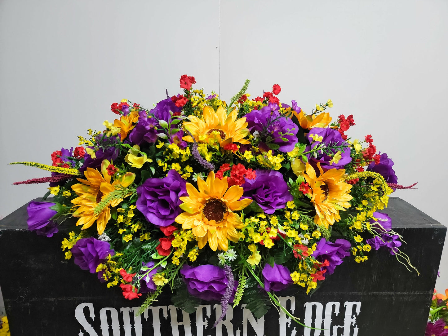 31" Cemetery flowers Saddle Sunflower purple roses Wildflower mixed Garden Headstone Flowers Large Headstone Saddle Memorial Flowers Grave