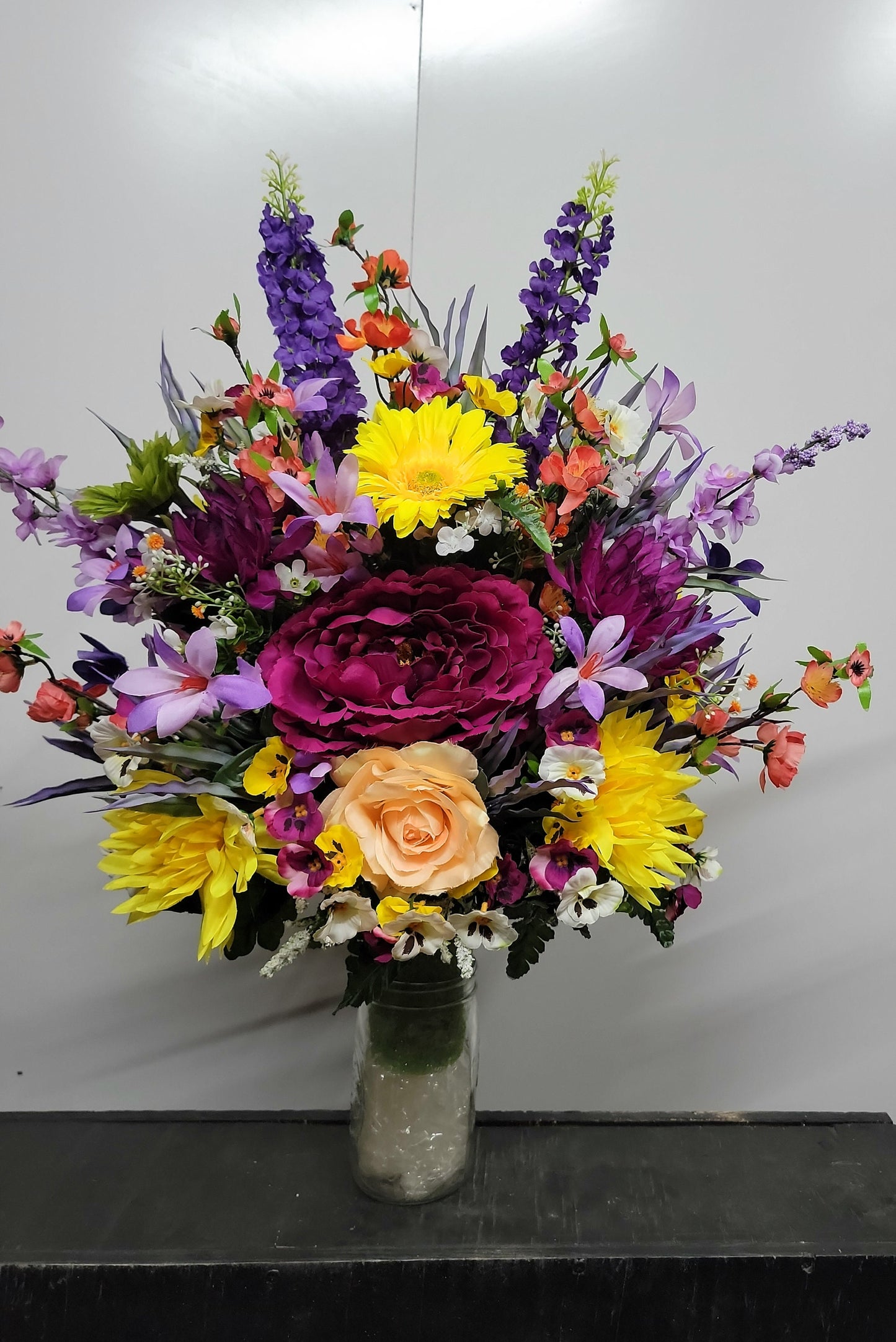 26&quot; Extra Large Bright Yellow Plum Purple Cemetery Vase Flowers Top Quality Cemetery Flowers by Southern Edge Style  Cemetery Flowers Vase