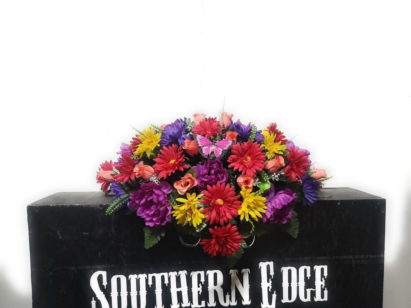 Cemetery Flowers 25" Small Cemetery Saddle for a single stone purple peonies and Yellow daisies pink butterfly colorful fall cemetery saddle