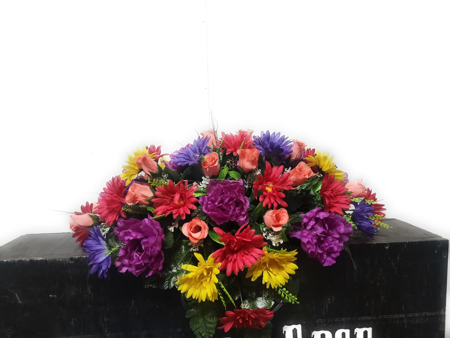 Cemetery Flowers 25" Small Cemetery Saddle for a single stone purple peonies and Yellow daisies pink butterfly colorful fall cemetery saddle