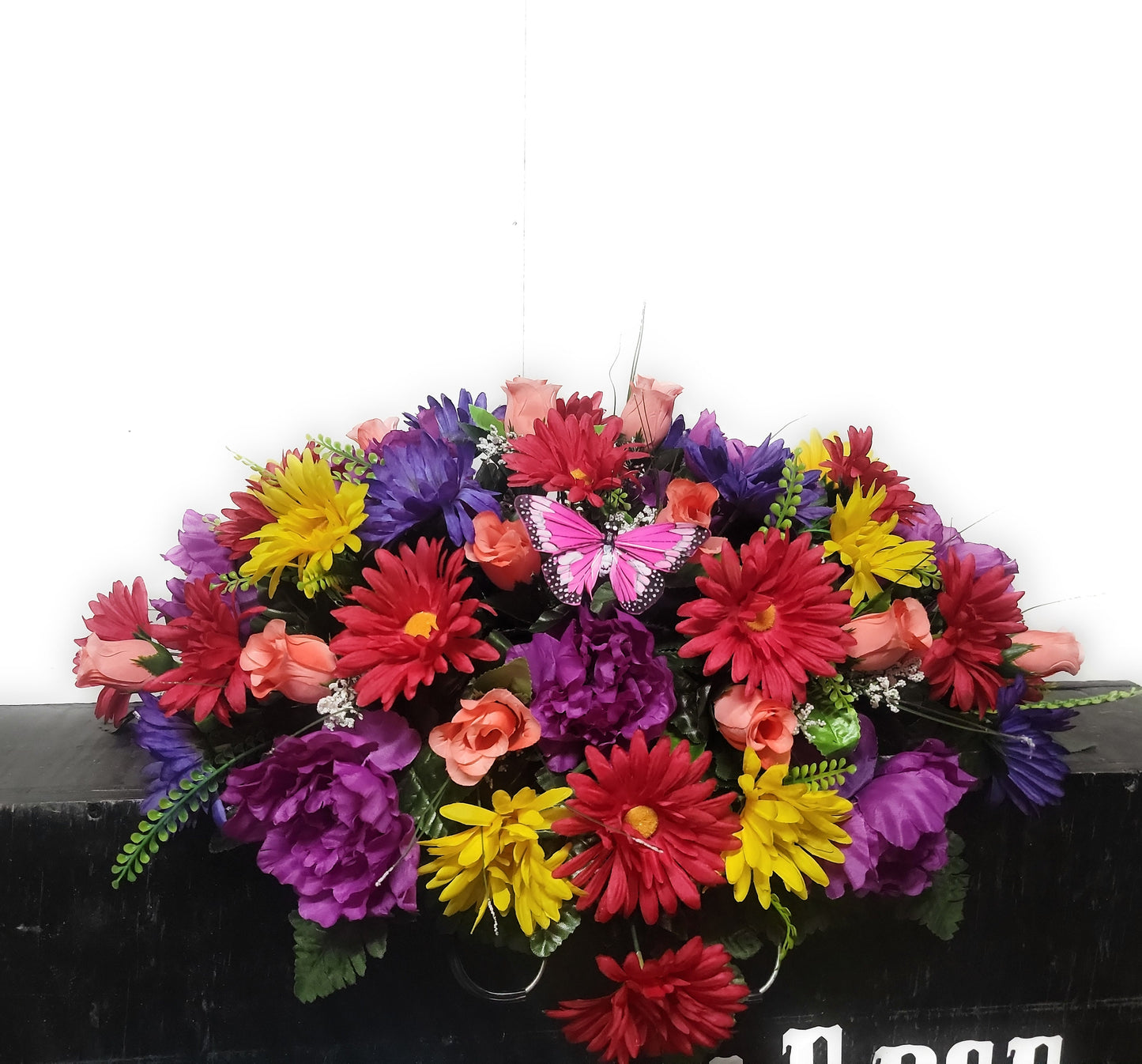 Cemetery Flowers 25" Small Cemetery Saddle for a single stone purple peonies and Yellow daisies pink butterfly colorful fall cemetery saddle
