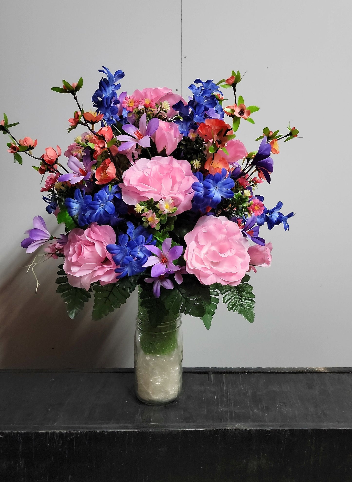 Cemetery Flowers Vase Pink Roses Coral Cherry Blossom Wildflower Spring Memorial Vase Grave Vase Cone Flowers Mother or Daughter cemetery