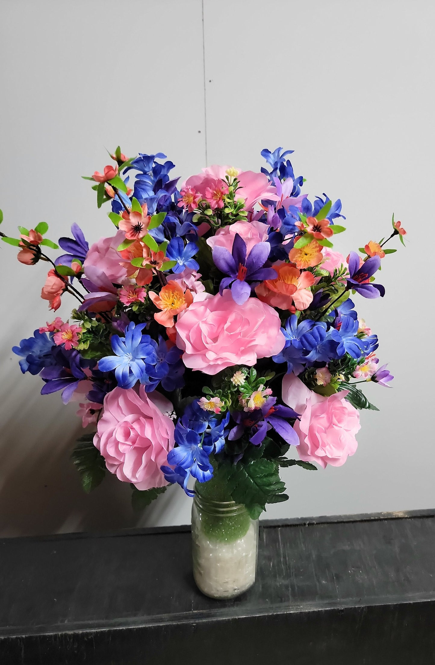 Cemetery Flowers Vase Pink Roses Coral Cherry Blossom Wildflower Spring Memorial Vase Grave Vase Cone Flowers Mother or Daughter cemetery