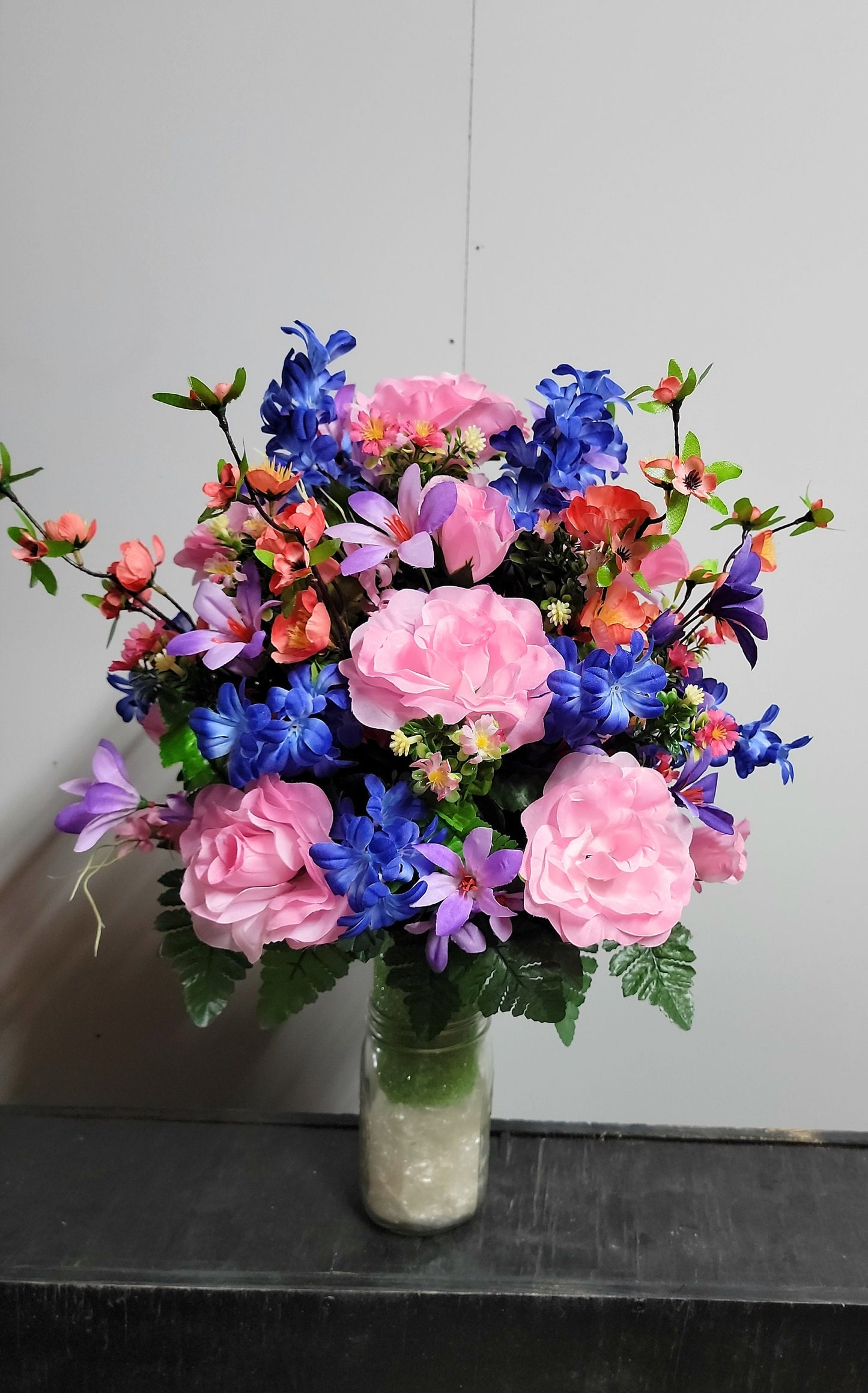 Cemetery Flowers Vase Pink Roses Coral Cherry Blossom Wildflower Spring Memorial Vase Grave Vase Cone Flowers Mother or Daughter cemetery