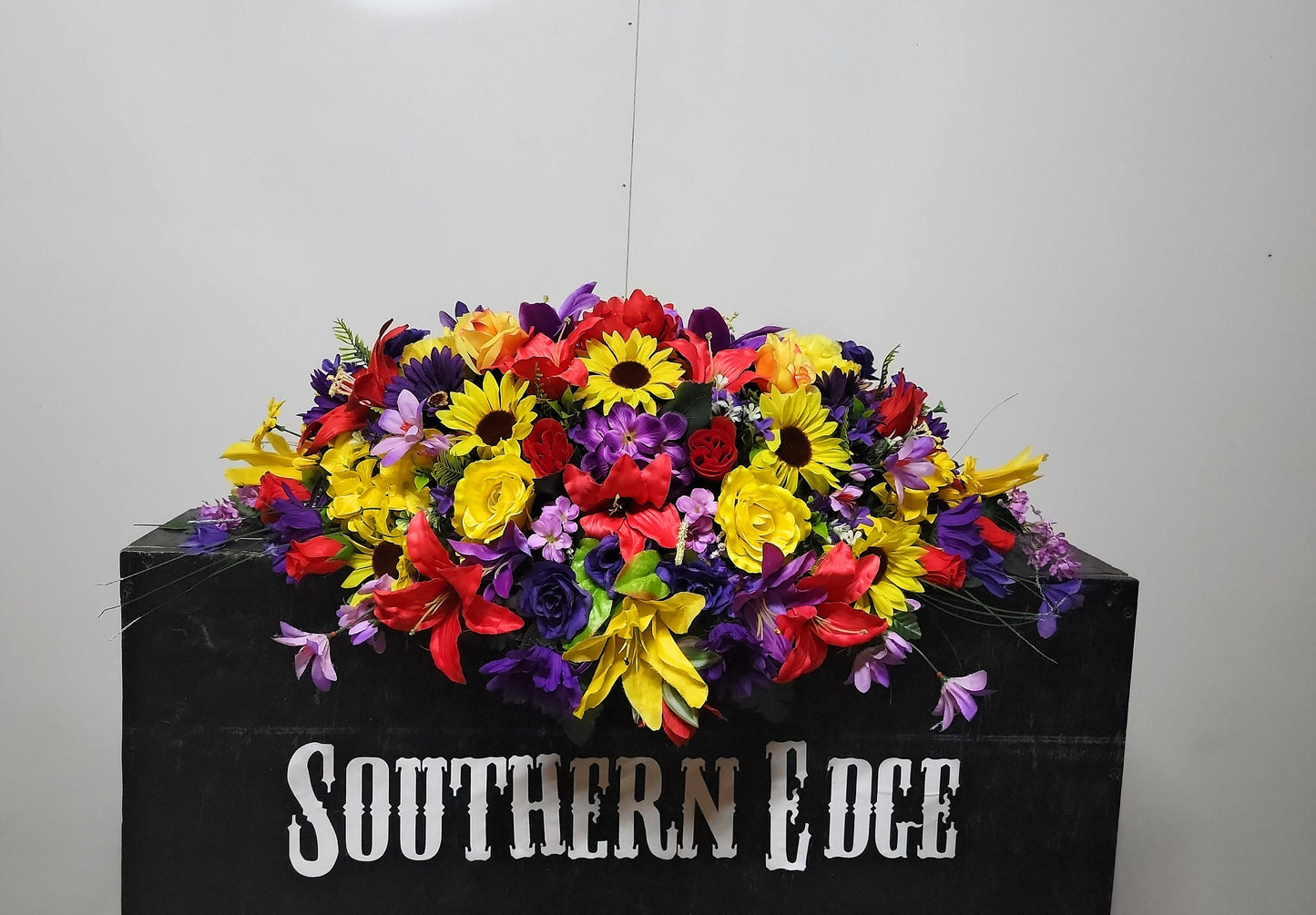 Summer through Fall Mix Cemetery Saddle 30" Length Cemetery Headstone Saddle Flowers  Red Yellow Purple Cemetery Flowers Saddle Fall Decor