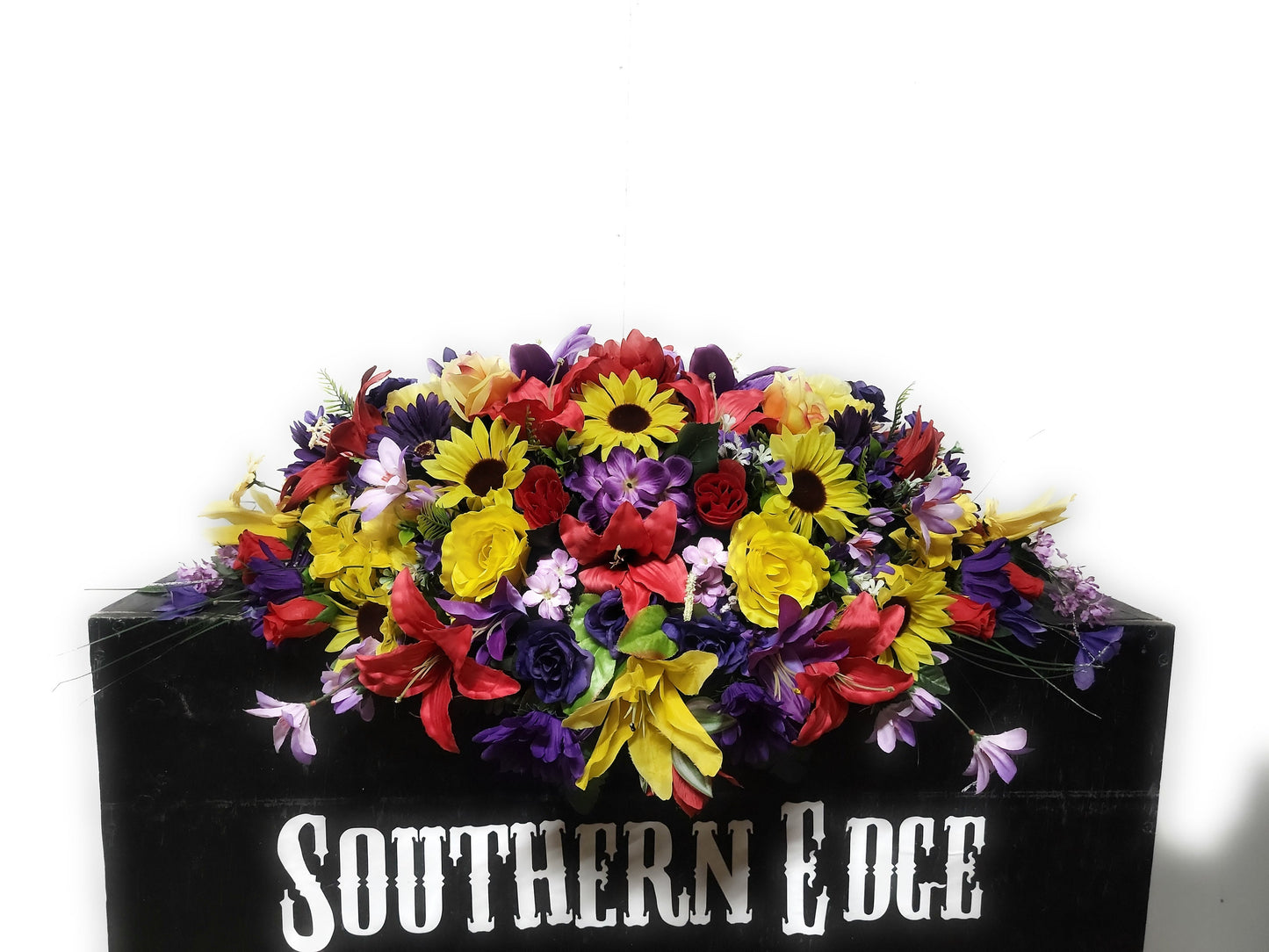 Summer through Fall Mix Cemetery Saddle 30" Length Cemetery Headstone Saddle Flowers  Red Yellow Purple Cemetery Flowers Saddle Fall Decor