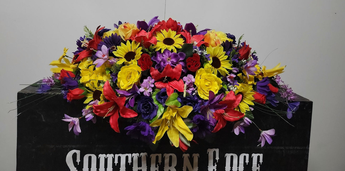 Summer through Fall Mix Cemetery Saddle 30" Length Cemetery Headstone Saddle Flowers  Red Yellow Purple Cemetery Flowers Saddle Fall Decor