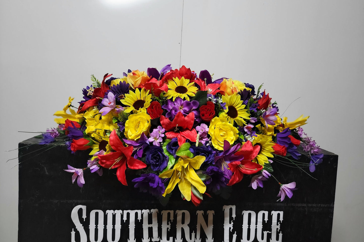 Summer through Fall Mix Cemetery Saddle 30" Length Cemetery Headstone Saddle Flowers  Red Yellow Purple Cemetery Flowers Saddle Fall Decor