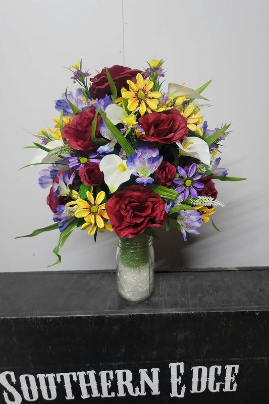 Burgundy Roses yellow purple Wildflower Cemetery Flowers Vase Cone for 3-inch Grave Vase  Father Cemetery Flowers