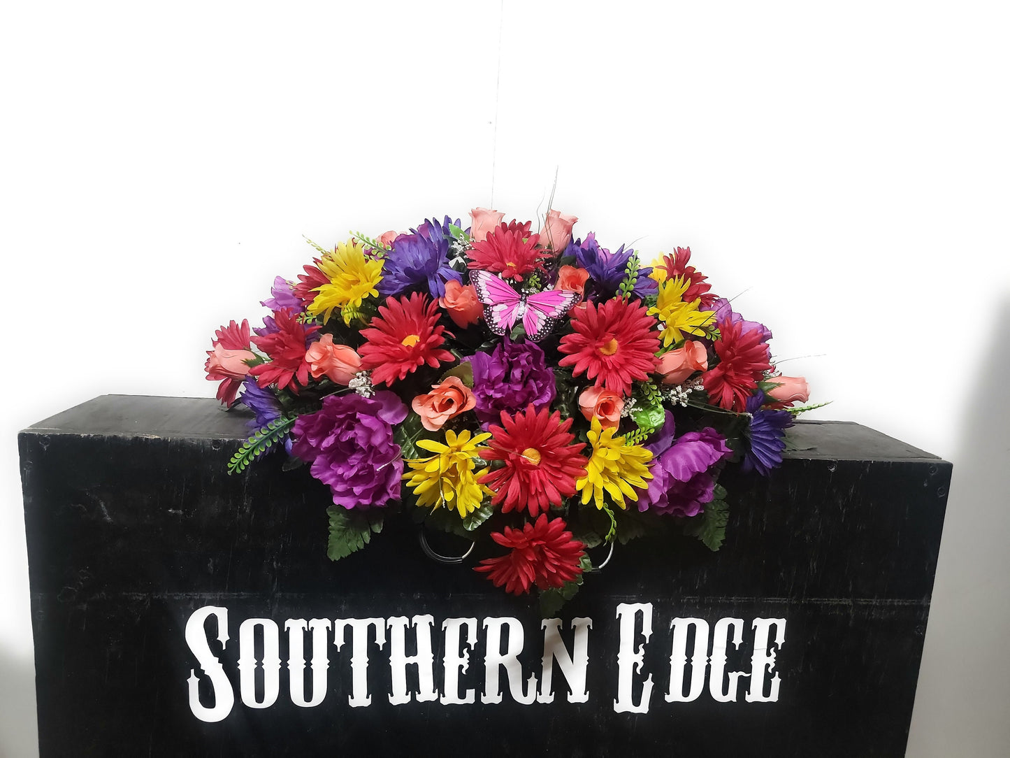 Cemetery Flowers 25" Small Cemetery Saddle for a single stone purple peonies and Yellow daisies pink butterfly colorful fall cemetery saddle