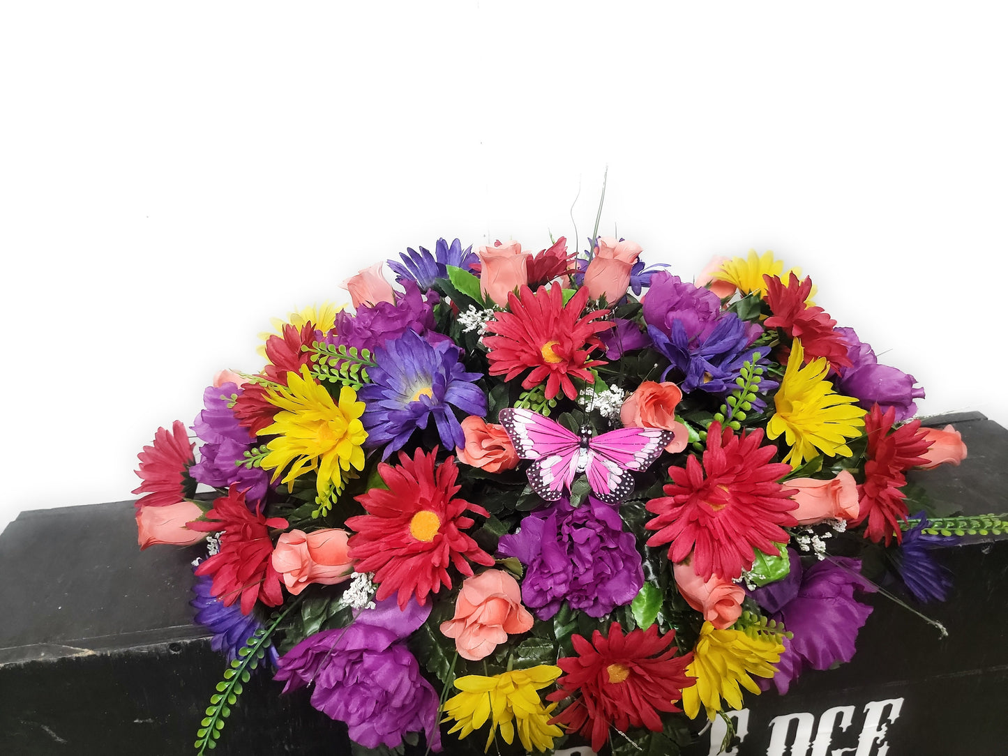 Cemetery Flowers 25" Small Cemetery Saddle for a single stone purple peonies and Yellow daisies pink butterfly colorful fall cemetery saddle