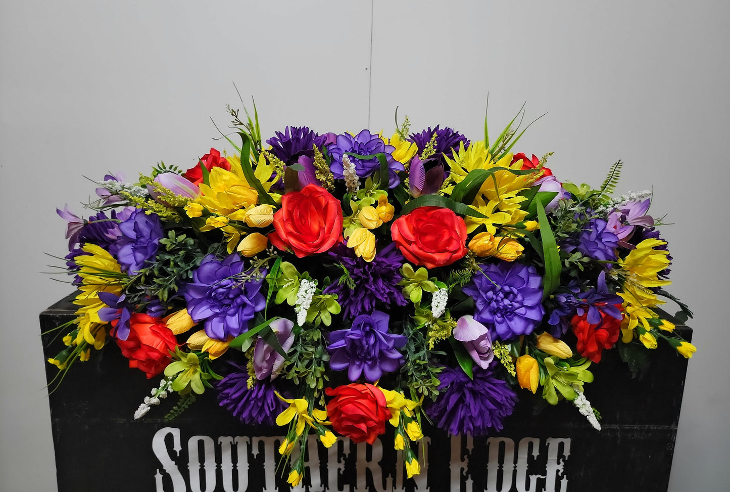 Premium 36" Cemetery Saddle  Gravestone Flowers Bright Beauty Roses Purple Mums Headstone Cemetery Saddle Extra Large Headstone Saddle