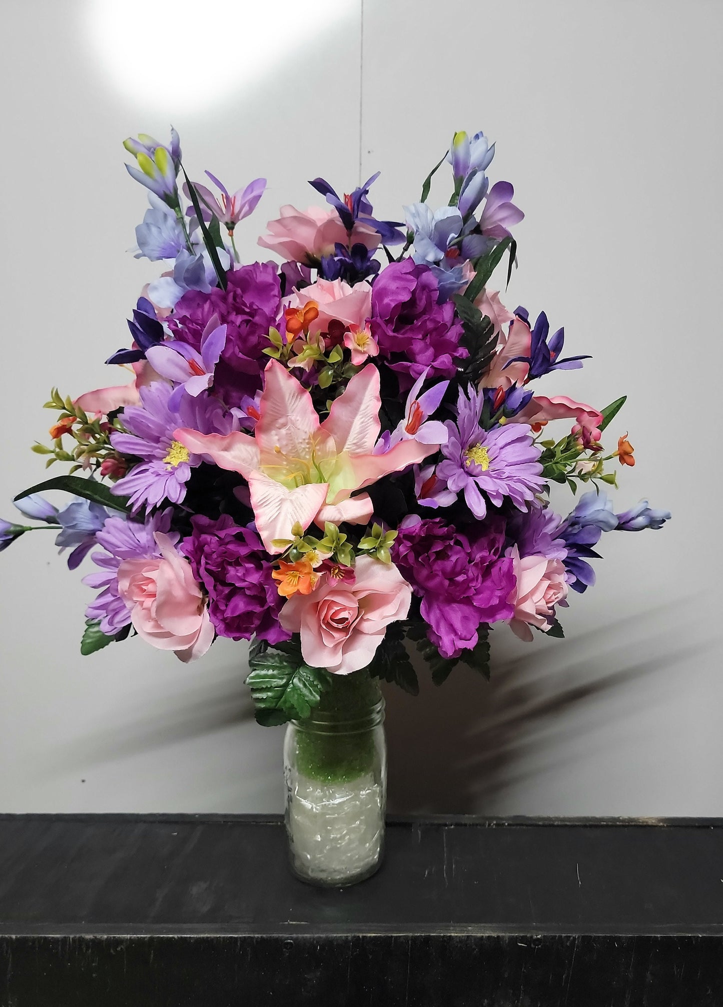 Cemetery Flowers Vase Victorian Pink Roses lilies purple Wildflower  Memorial Vase Grave Vase Cone Flowers Mother or Daughter cemetery