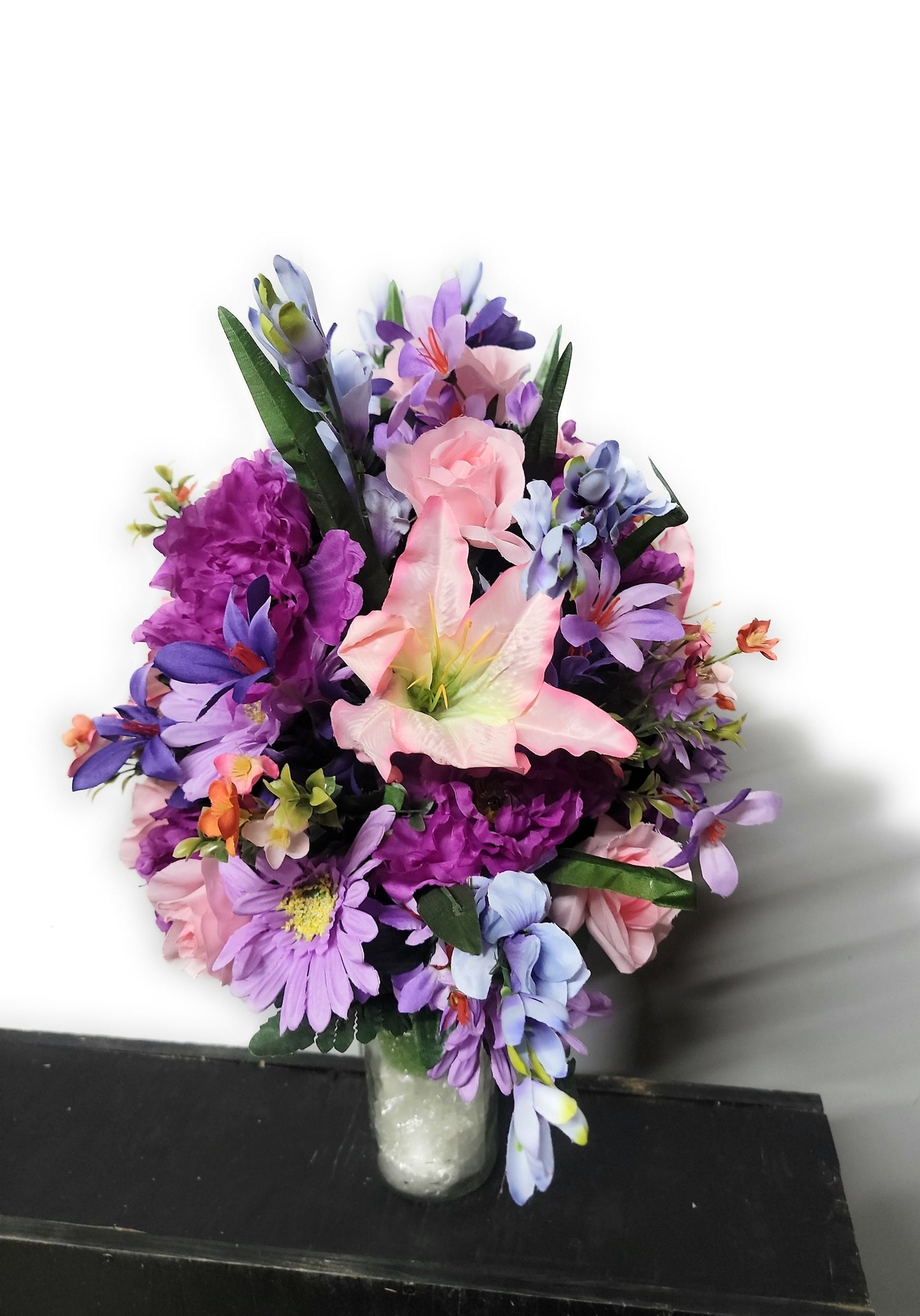 Cemetery Flowers Vase Victorian Pink Roses lilies purple Wildflower  Memorial Vase Grave Vase Cone Flowers Mother or Daughter cemetery