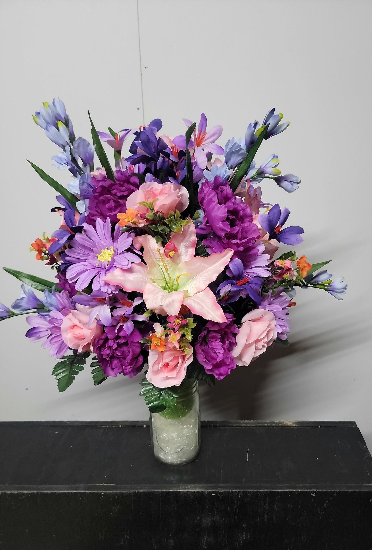 Cemetery Flowers Vase Victorian Pink Roses lilies purple Wildflower  Memorial Vase Grave Vase Cone Flowers Mother or Daughter cemetery