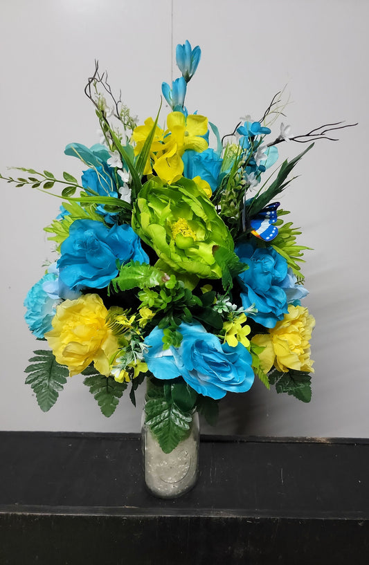 Cemetery Flowers Vase Cone for 3-inch Grave Vase blue yellow Cemetery Vase Flower manly colors Father Cemetery Flowers Grave Vase Flowers
