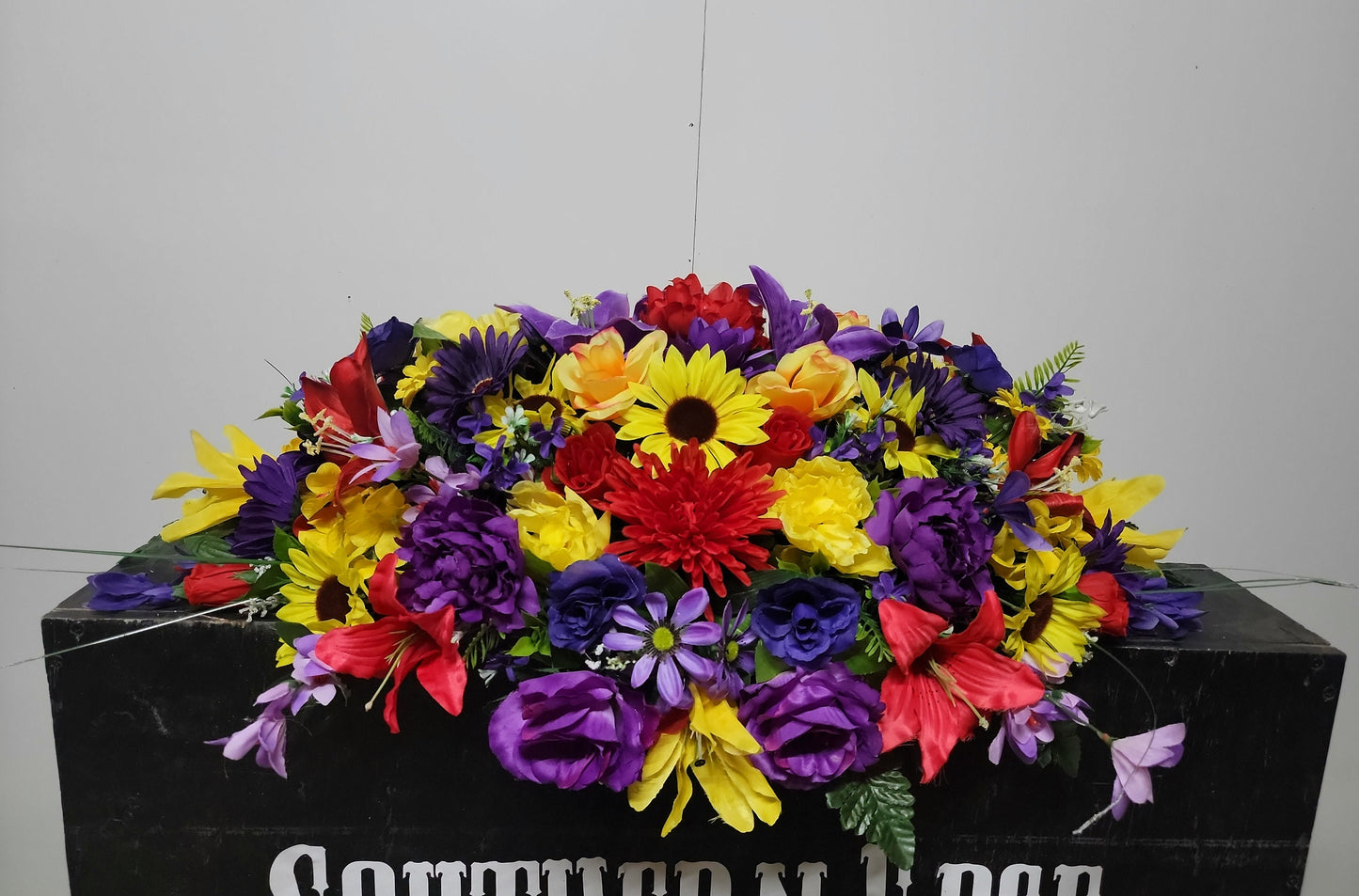 Summer through Fall Mix Cemetery Saddle 30" Length Cemetery Headstone Saddle Flowers  Red Yellow Purple Cemetery Flowers Saddle Fall Decor