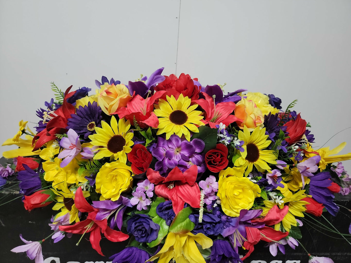 Summer through Fall Mix Cemetery Saddle 30" Length Cemetery Headstone Saddle Flowers  Red Yellow Purple Cemetery Flowers Saddle Fall Decor