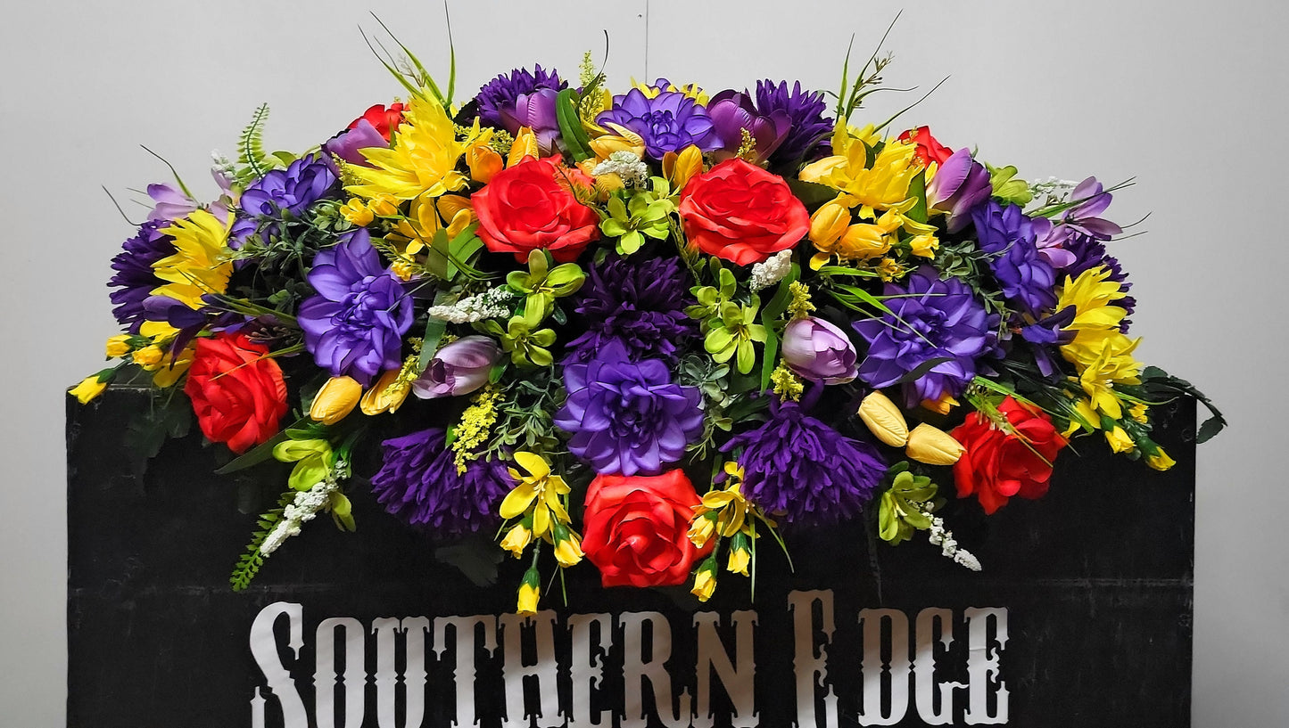 Premium 36" Cemetery Saddle  Gravestone Flowers Bright Beauty Roses Purple Mums Headstone Cemetery Saddle Extra Large Headstone Saddle
