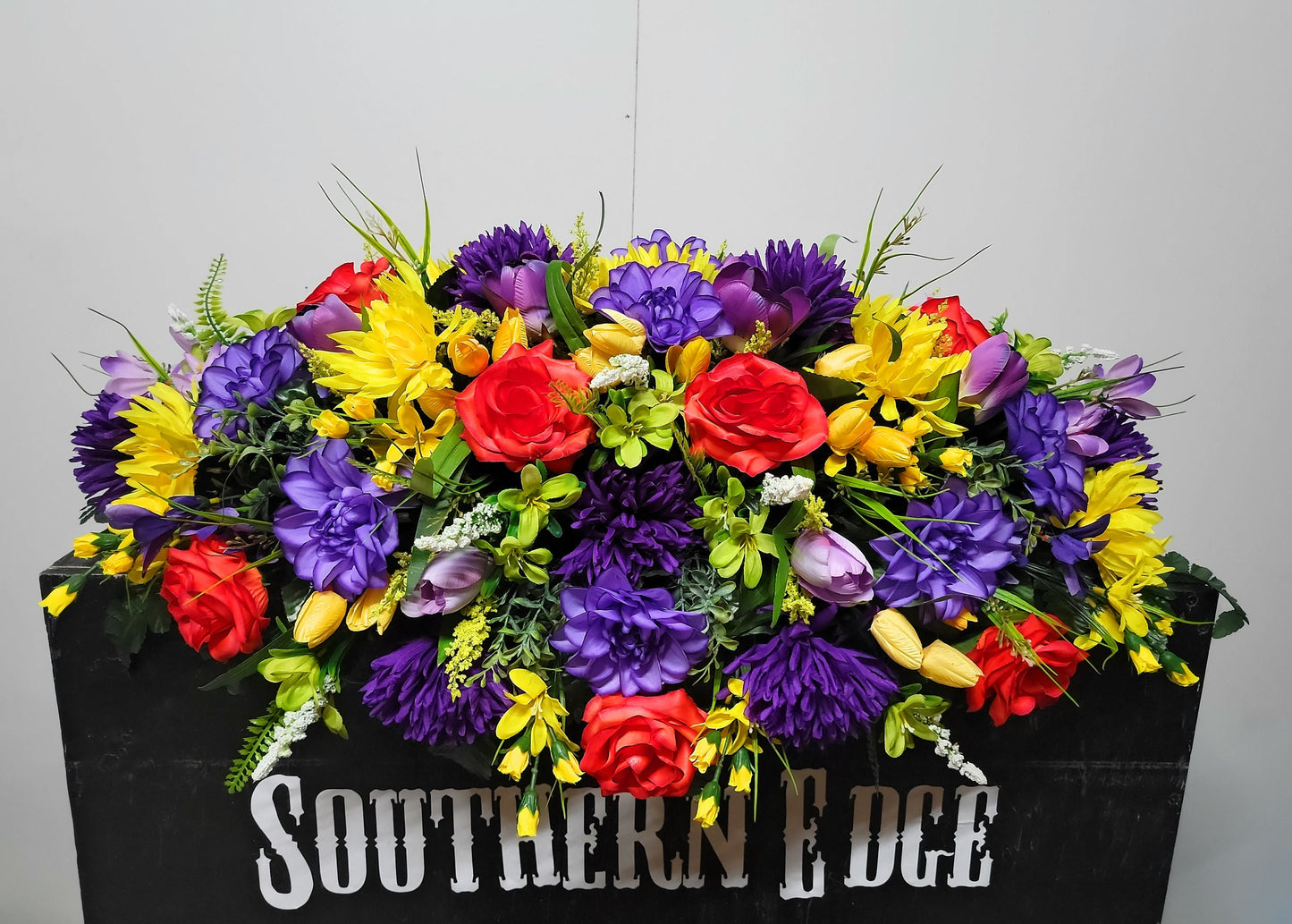 Premium 36" Cemetery Saddle  Gravestone Flowers Bright Beauty Roses Purple Mums Headstone Cemetery Saddle Extra Large Headstone Saddle