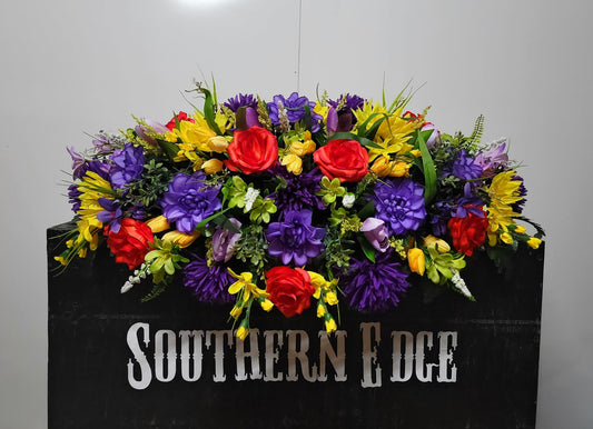 Premium 36" Cemetery Saddle  Gravestone Flowers Bright Beauty Roses Purple Mums Headstone Cemetery Saddle Extra Large Headstone Saddle