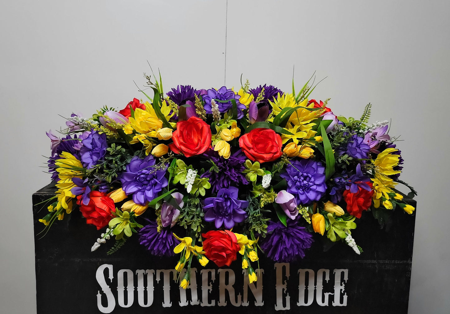 Premium 36" Cemetery Saddle  Gravestone Flowers Bright Beauty Roses Purple Mums Headstone Cemetery Saddle Extra Large Headstone Saddle