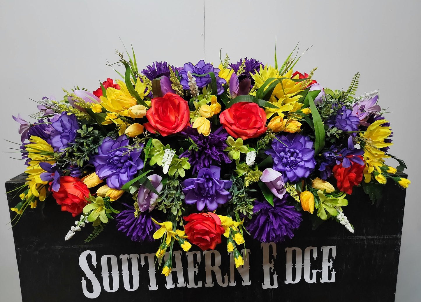 Premium 36" Cemetery Saddle  Gravestone Flowers Bright Beauty Roses Purple Mums Headstone Cemetery Saddle Extra Large Headstone Saddle
