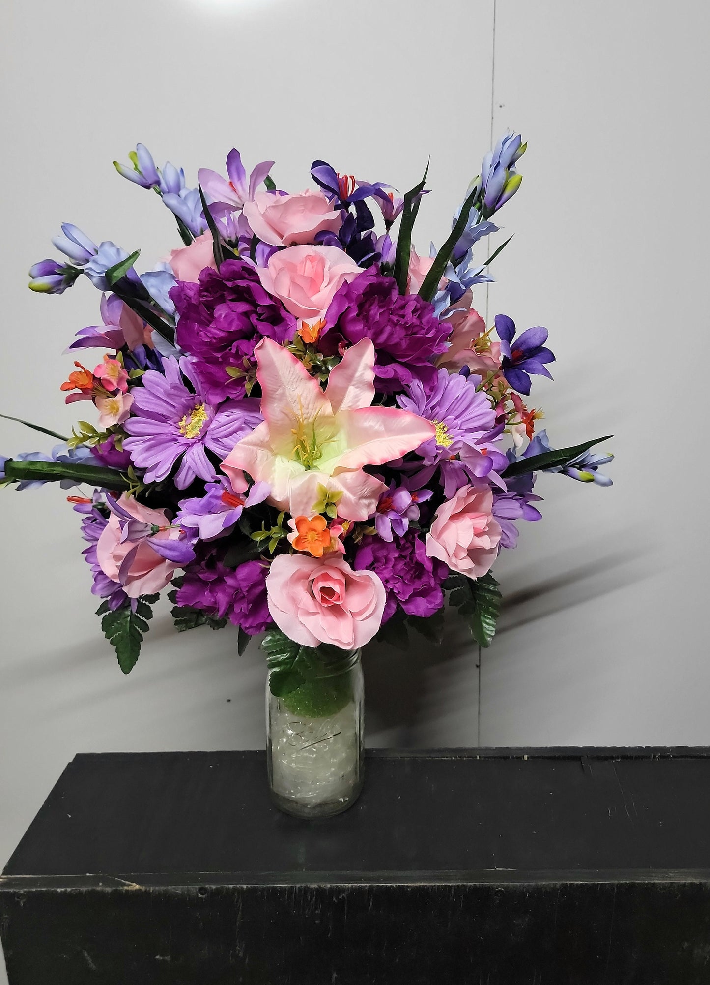 Cemetery Flowers Vase Victorian Pink Roses lilies purple Wildflower  Memorial Vase Grave Vase Cone Flowers Mother or Daughter cemetery