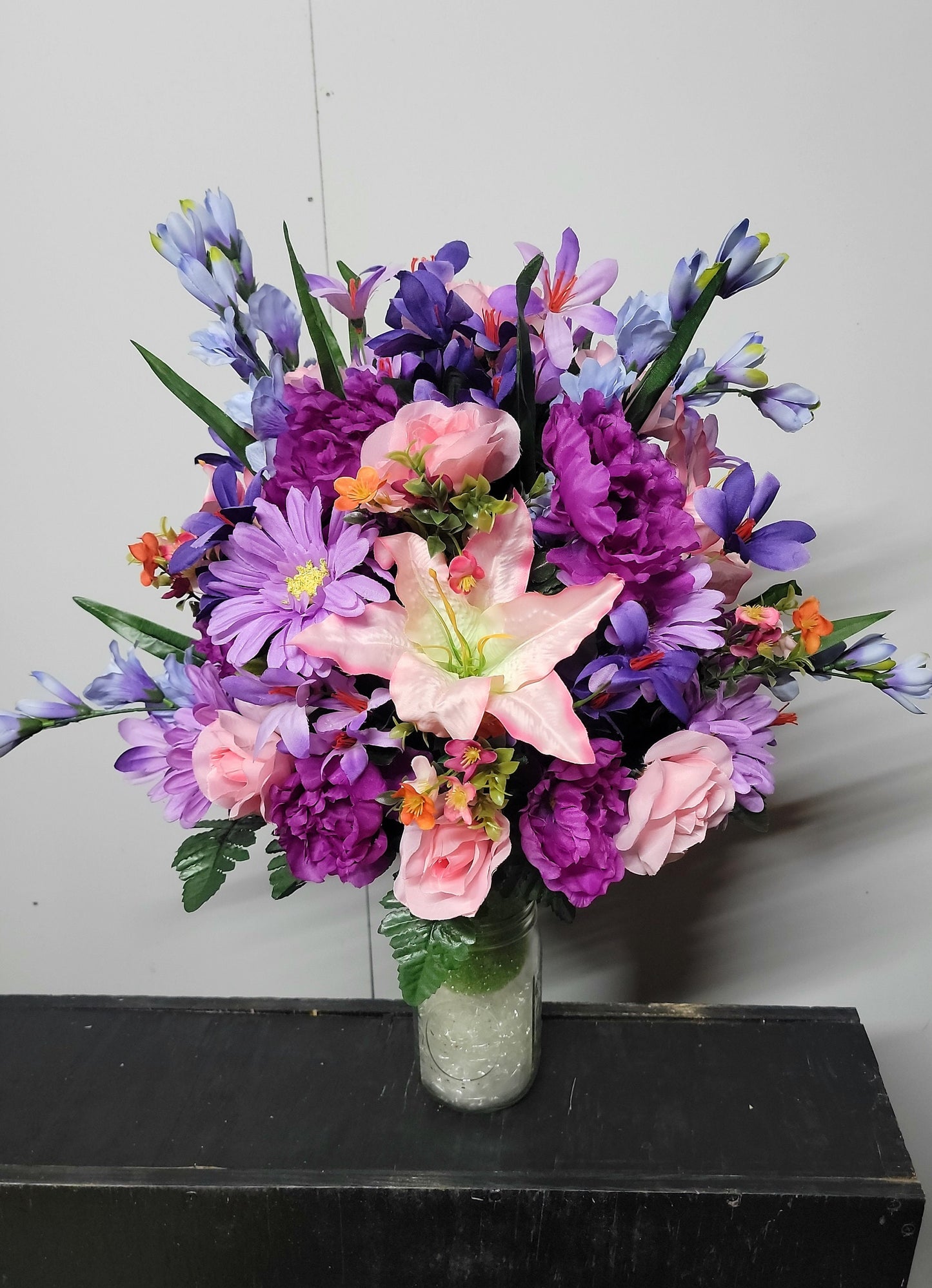Cemetery Flowers Vase Victorian Pink Roses lilies purple Wildflower  Memorial Vase Grave Vase Cone Flowers Mother or Daughter cemetery