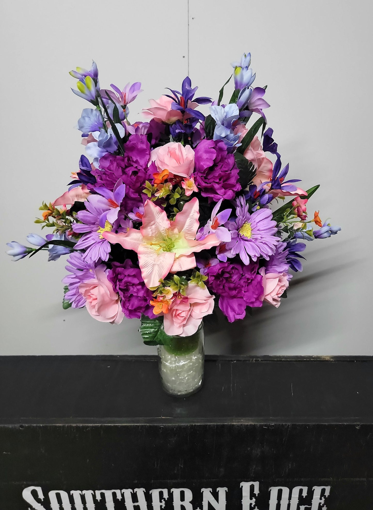 Cemetery Flowers Vase Victorian Pink Roses lilies purple Wildflower  Memorial Vase Grave Vase Cone Flowers Mother or Daughter cemetery