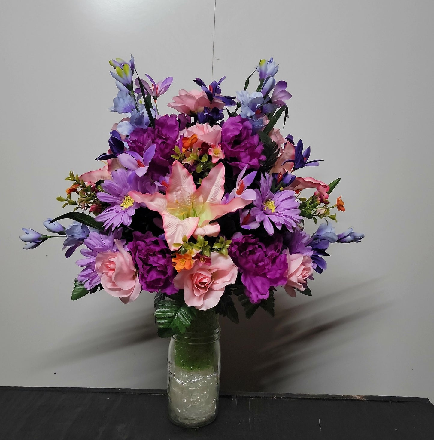 Cemetery Flowers Vase Victorian Pink Roses lilies purple Wildflower  Memorial Vase Grave Vase Cone Flowers Mother or Daughter cemetery