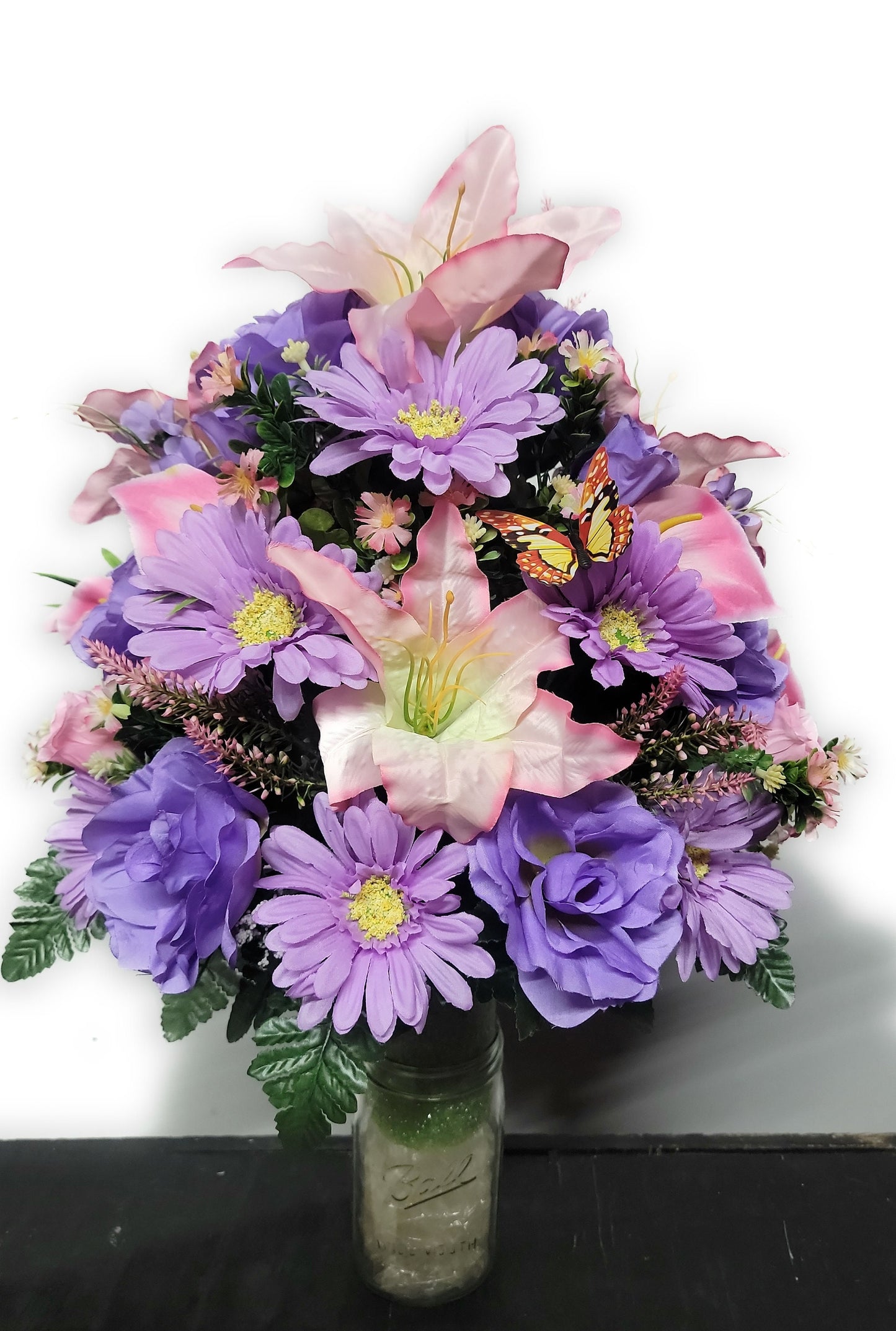 Cemetery Flowers Vase lavender Roses pink lilies,  Memorial Vase,  Grave Vase,  Cone Flowers Mother or Daughter cemetery