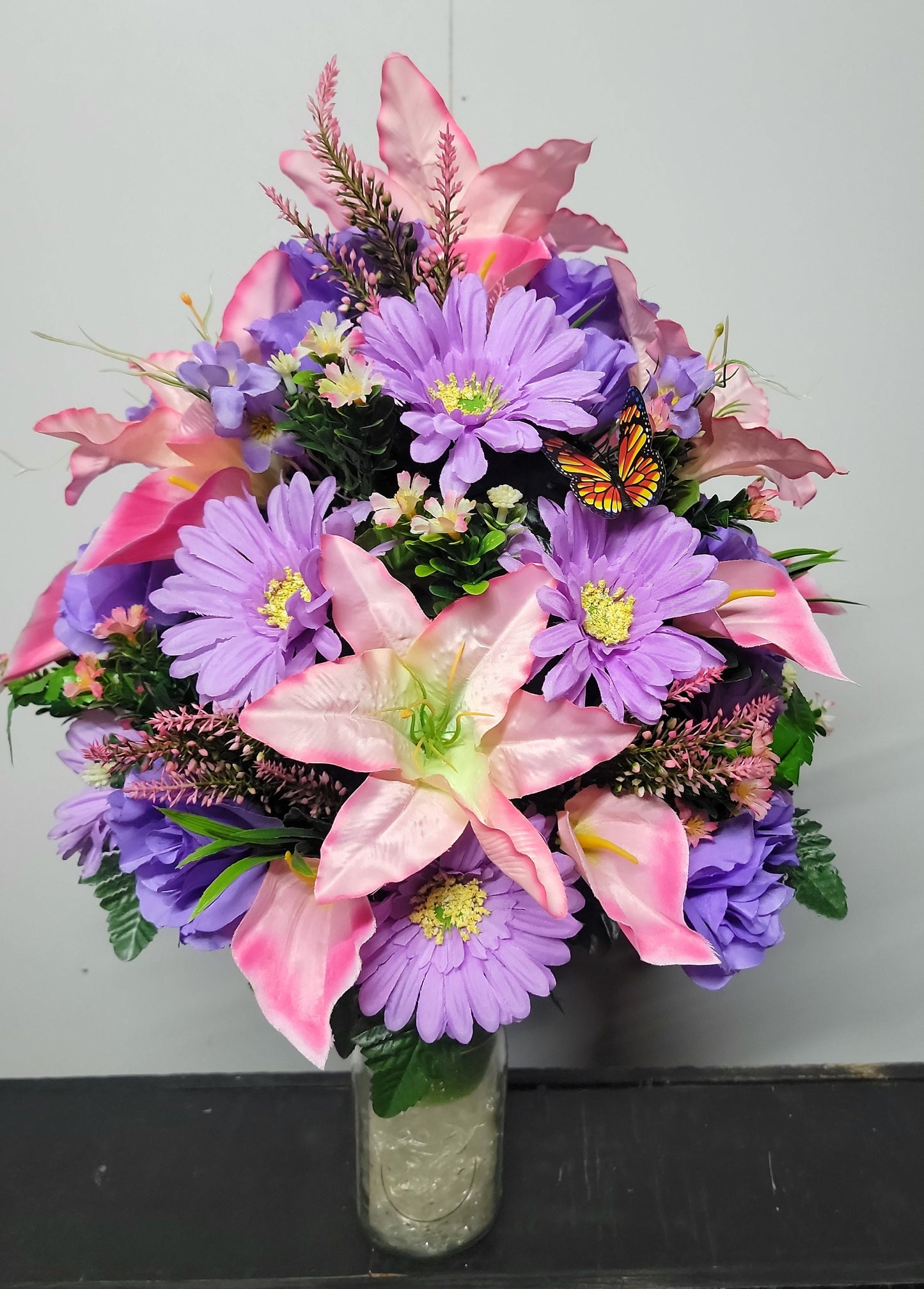 Cemetery Flowers Vase lavender Roses pink lilies,  Memorial Vase,  Grave Vase,  Cone Flowers Mother or Daughter cemetery