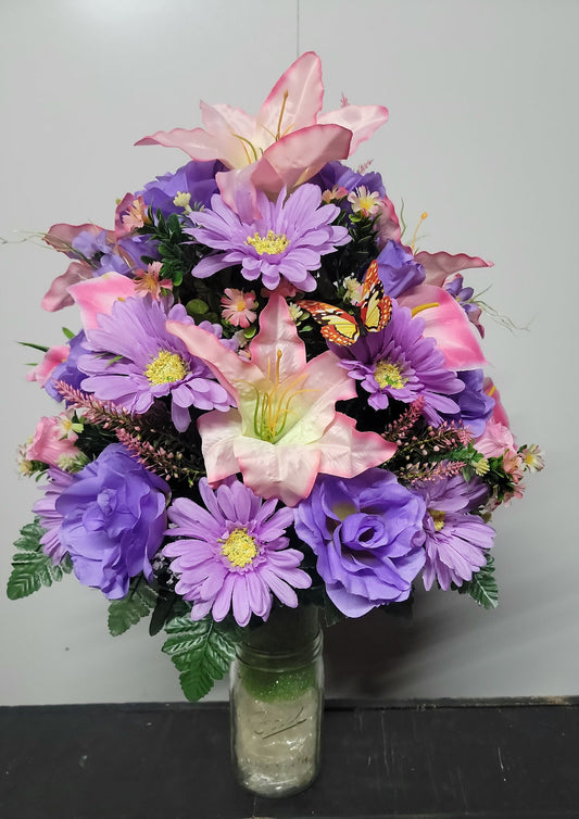 Cemetery Flowers Vase lavender Roses pink lilies,  Memorial Vase,  Grave Vase,  Cone Flowers Mother or Daughter cemetery