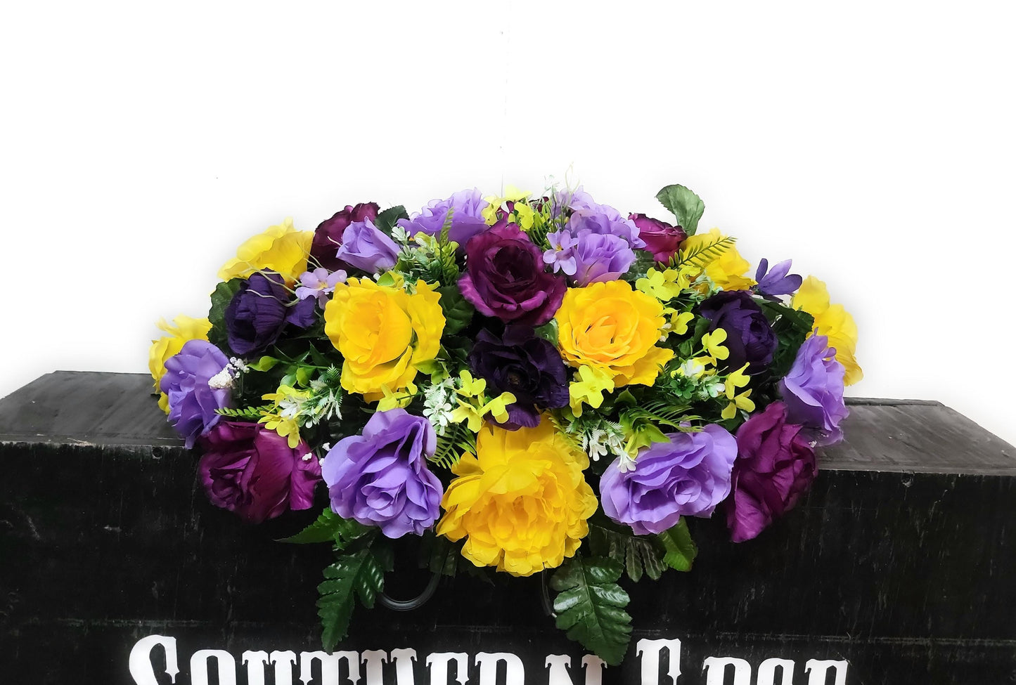 Cemetery Saddle by Southern Edge Style, Purple, lavender and yellow Cemetery Flowers for gravestone , Small headstone saddle flowers,